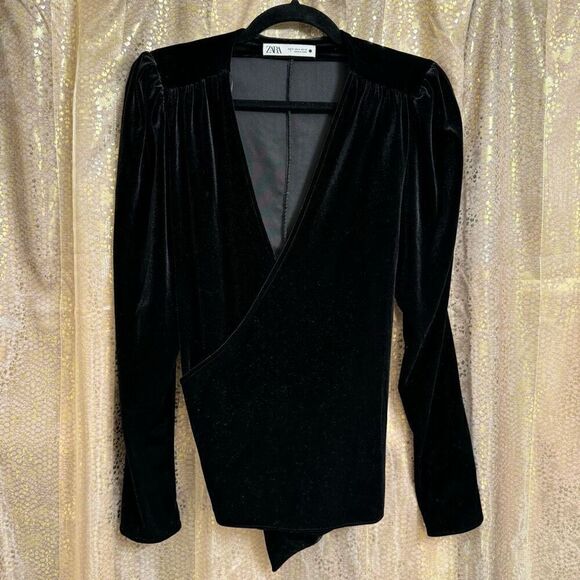 Zara Deep Black Velvet Wrap Front Tie Back Long Sleeve Bouse Medium - Picture 1 of 7
